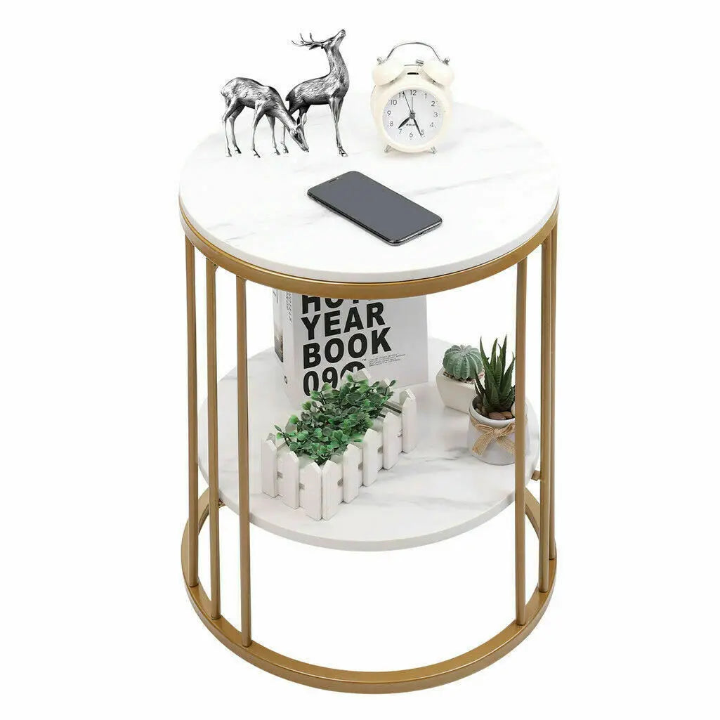 2-Tier White Marble Round Side Table – Elegant Coffee Table & Nightstand with Jewelry Storage