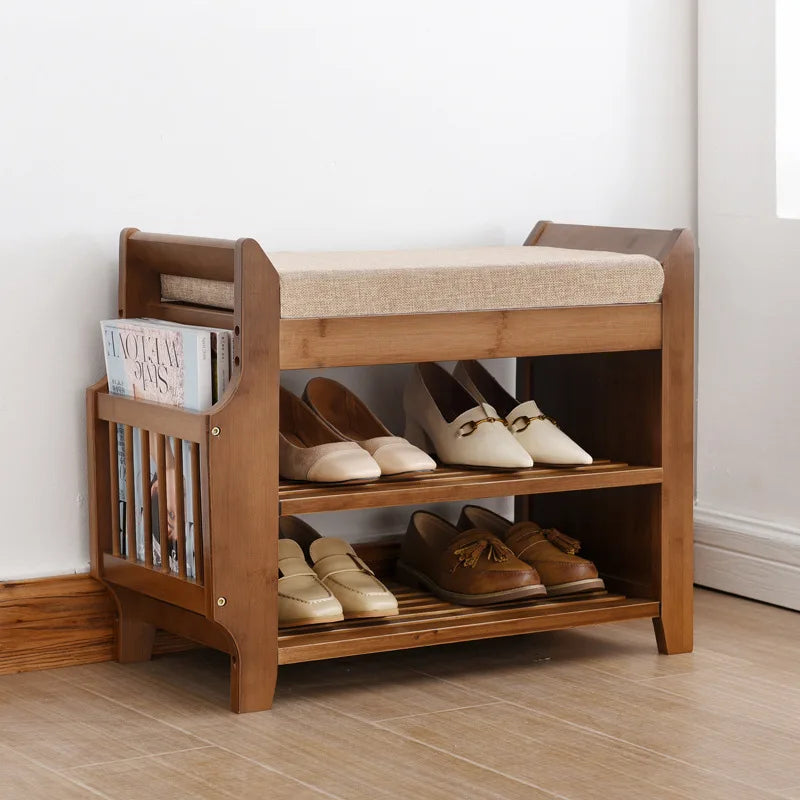 Shoe Storage Rack Bench with Double-Layer Cushion Seat – Living Room Shoe Organizer, Entryway Storage, Hallway Furniture Shoe Stool