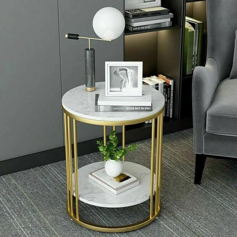 2-Tier White Marble Round Side Table – Elegant Coffee Table & Nightstand with Jewelry Storage