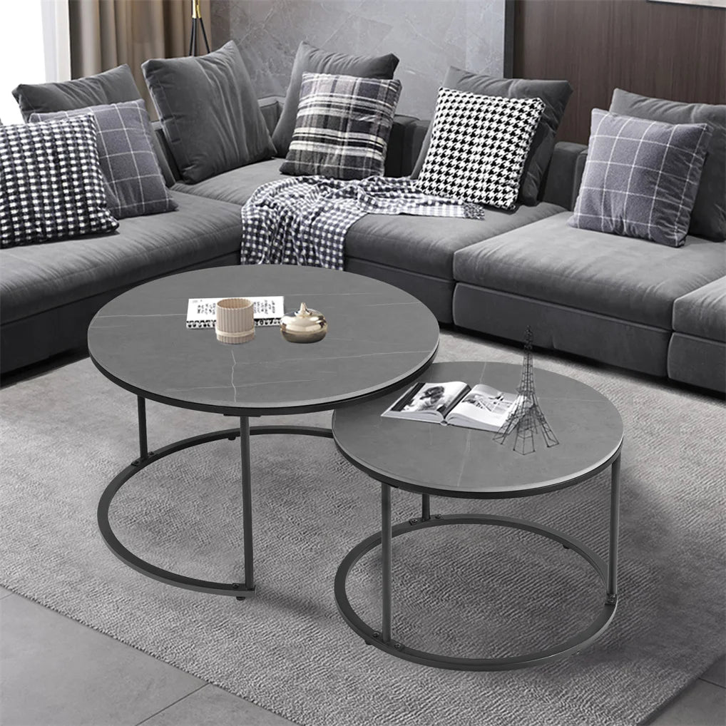 Modern Nesting Round Grey Marble Top Coffee Table Set