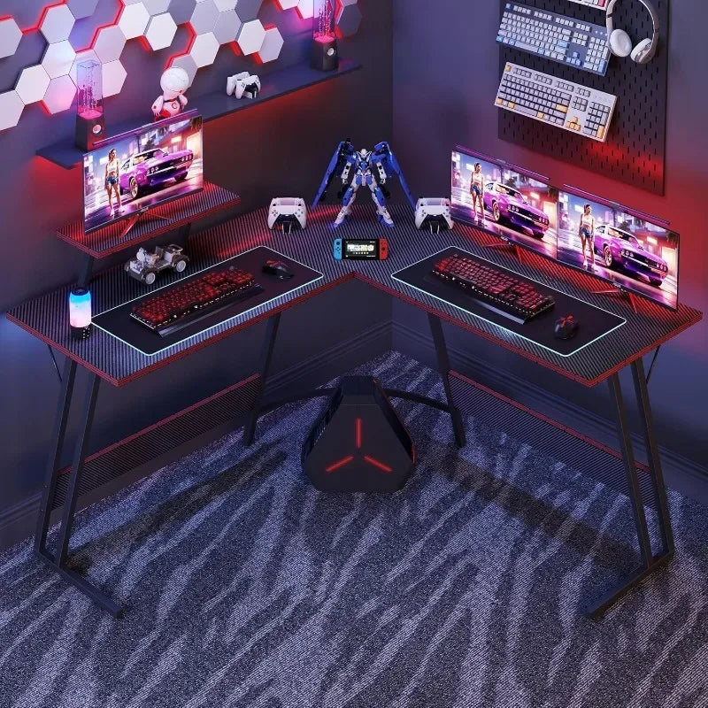 L Shaped Gaming Desk – 51 Inch Computer Corner Table with Large Monitor Stand & Carbon Fiber Surface for Home Office Study