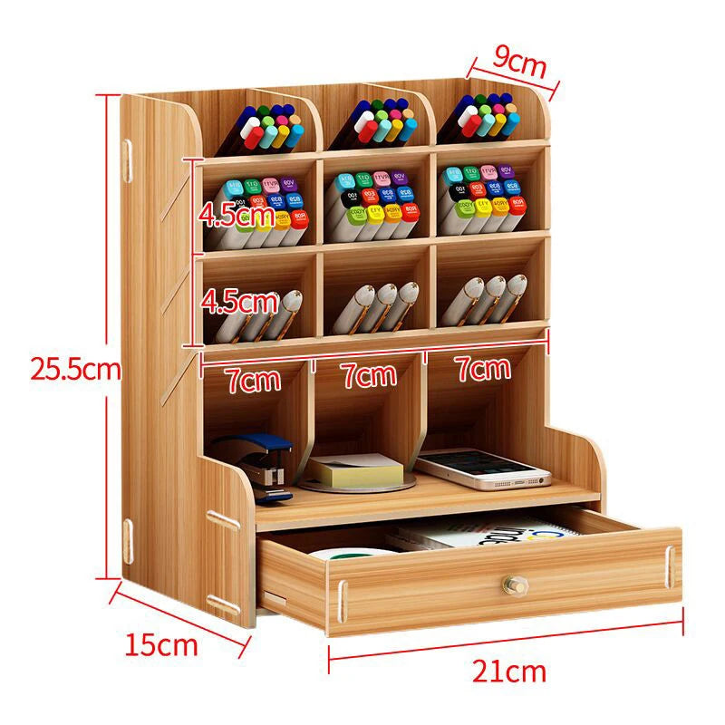 Wooden Desk Organizer – Multifunctional Desktop Stationery Pen Holder & Storage Box for Home Office & School Supplies