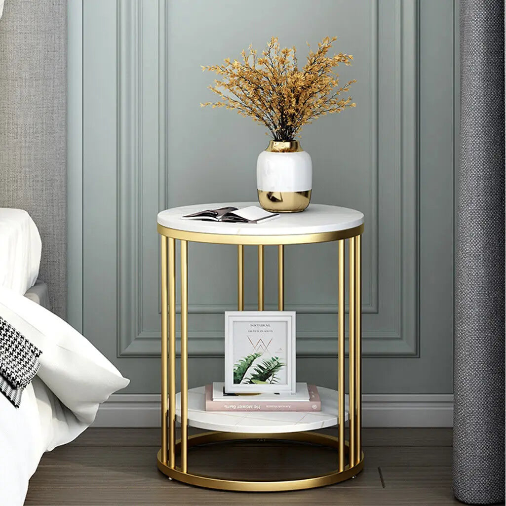 2-Tier White Marble Round Side Table – Elegant Coffee Table & Nightstand with Jewelry Storage