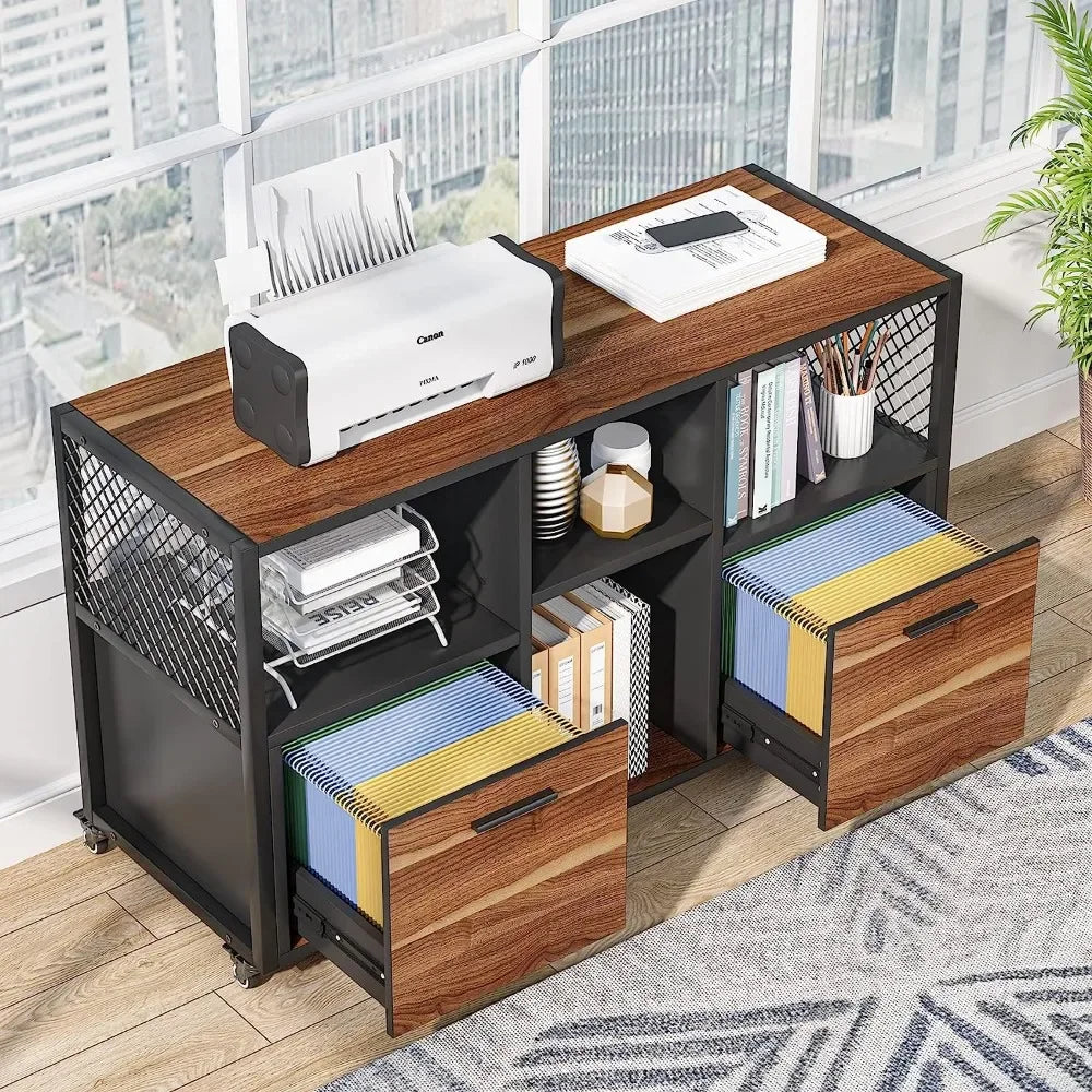 2-Drawer Large File Cabinet with Storage Shelves & Printer Stand – Industrial Rustic Walnut Filing Solution