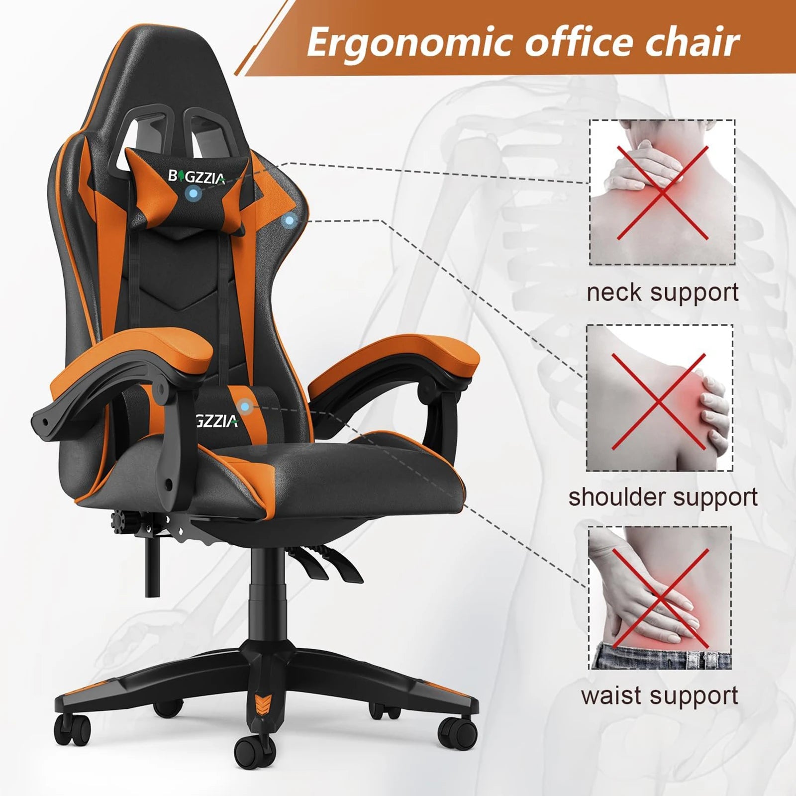 Ergonomic Gaming Chair with PU Leather – Headrest & Lumbar Support, Racing Style Office Desk Chair