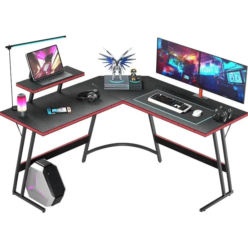 L Shaped Gaming Desk – 51 Inch Computer Corner Table with Large Monitor Stand & Carbon Fiber Surface for Home Office Study