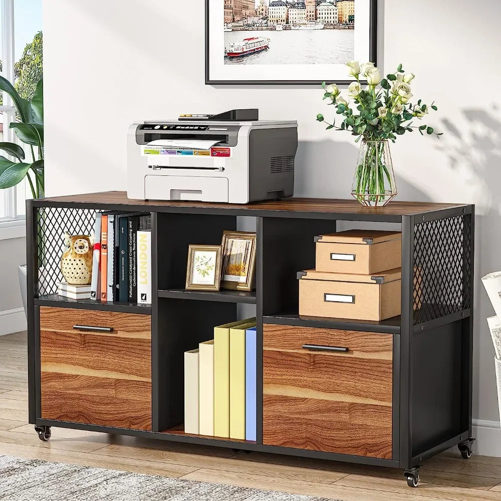 2-Drawer Large File Cabinet with Storage Shelves & Printer Stand – Industrial Rustic Walnut Filing Solution