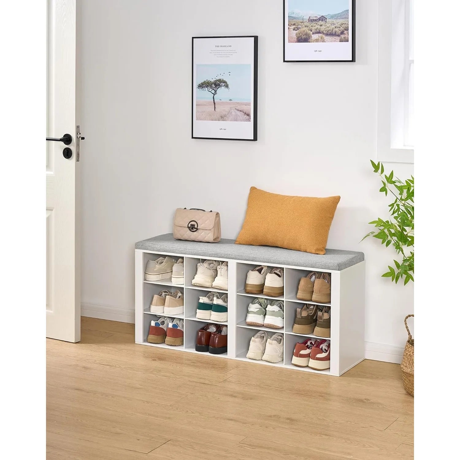 Shoe Storage Bench with Cushion – Entryway Shoe Rack with 12 Cubbies, Adjustable Shelves, and Comfortable Seating, White