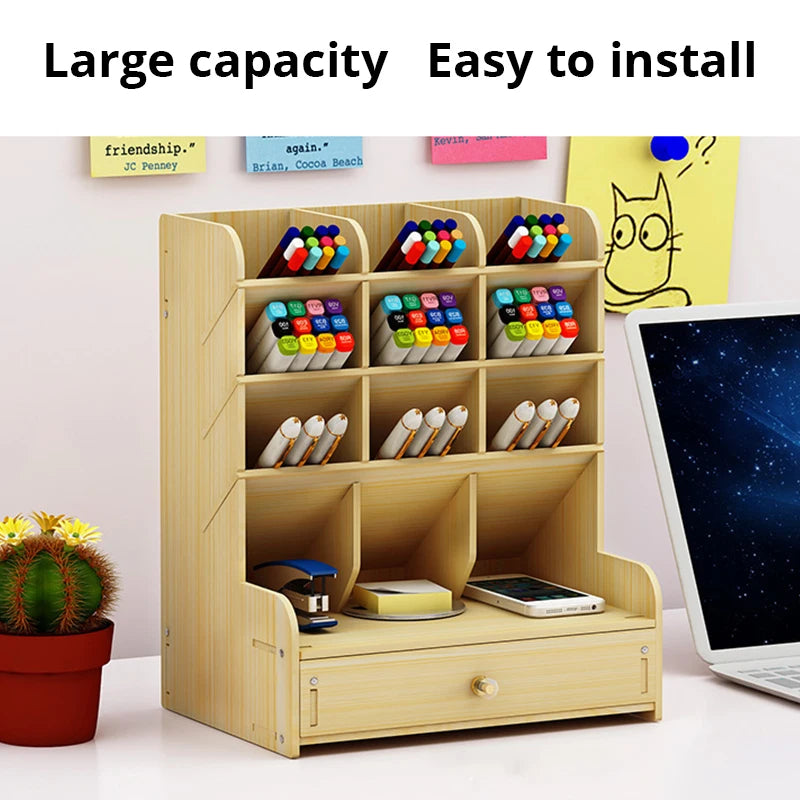 Wooden Desk Organizer – Multifunctional Desktop Stationery Pen Holder & Storage Box for Home Office & School Supplies